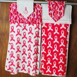 BREAST CANCER RIBBON  TOWEL WHITE & PINK PRINT SET OF 2 HANDMADE HANGING KITCHEN